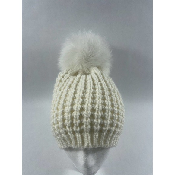 KYI KYI WOMEN’S CLASSIC FOX FUR WAFFLE KNIT POM POM BEANIE IVORY, ONE SIZE - Picture 4 of 8